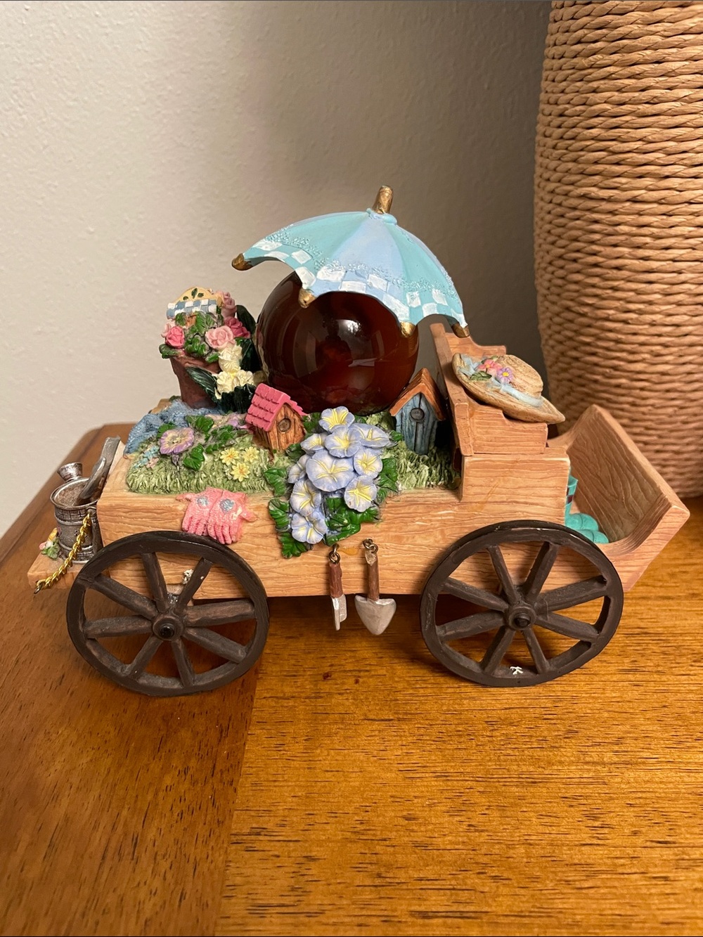 Resin Garden Floral Cart or Wagon with Music Box in Excellent Condition